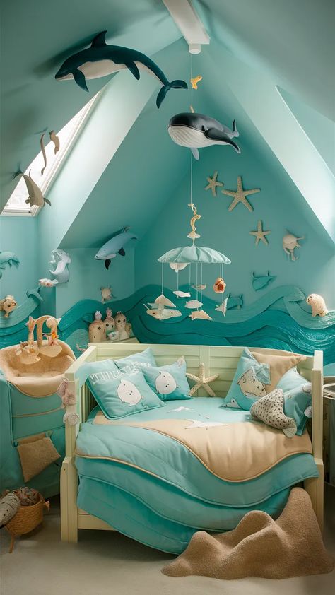 Ocean Nursery Ideas! 25+ Ocean Theme Inspired Nursery..... Coral Reef Nursery, Underwater Bedroom Ideas, Teal Kids Bedroom Ideas, Under The Sea Bedroom Ideas, Ocean Bedroom Kids, Ocean Nursery Ideas, Sea Bedroom Ideas, Ocean Decor Bedroom, Under The Sea Room