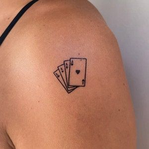 4 Playing Cards Tattoo, Card Deck Tattoo Design, Dec Of Cards Tattoo, Stack Of Cards Tattoo, Dainty Vegas Tattoo, Simple Card Tattoo, Jack Of Clubs Tattoo, Deck Of Card Tattoo, Small Vegas Tattoo