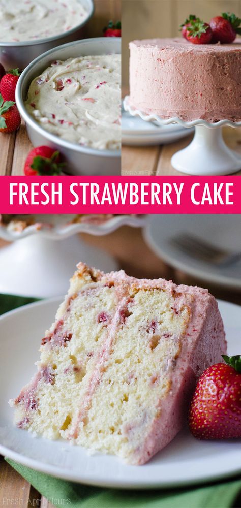 Soft and fluffy homemade strawberry cake made with fresh strawberries and topped with a creamy strawberry buttercream. via @frshaprilflours Strawberry Sheet Cakes, Strawberry Layer Cakes, Delicious Strawberry Cake, Homemade Strawberry Cake, Strawberry Cake Easy, Fresh Strawberry Cake, Fresh Strawberry Recipes, Strawberry Cream Cakes, Soft Cake