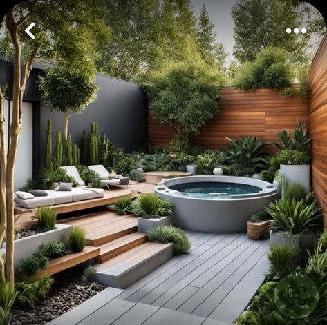 Outdoor Hot Tub, Lots Of Plants, Hot Tub Garden, Modern Backyard Landscaping, Jacuzzi Outdoor, Backyard Renovations, Patio Garden Design, Modern Backyard, Outdoor Gardens Design