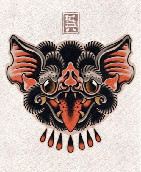 Traditional Bat Face Tattoo, Hellmouth Tattoo, American Traditional Tattoos Animal, Old School Bat Tattoo, Bat Traditional Tattoo, Trad Bat Tattoo, American Traditional Tattoos Color, Traditional Bat Tattoo, Traditional Japanese Tattoo Flash