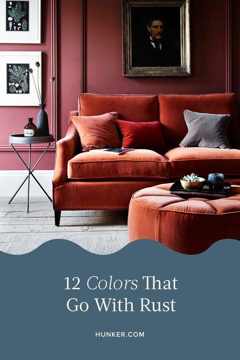 Depending on which color rust is paired with, it can evoke the energy and passion of red, the stability of brown, or the excitement of orange. Read on to discover 12 timeless colors that will pair flawlessly with rust. #hunkerhome #rust #colorsthatgowithrust #rustcolors #homedecor Orange Armchair, Christmas Nail Inspo, Reclaimed Wood Ceiling, Orange Rooms, Blue Ceilings, New House Living Room, Living Room Orange, Blue Armchair, Orange Interior