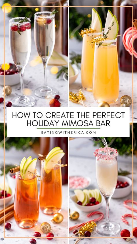 Looking to make the perfect holiday mimosa bar this festive season? CLICK here for everything you need to know on making the perfect holiday mimosa bar your guests will love! Peppermint Mimosa Recipe, Faux Mimosa Bar, Fancy Mimosa Recipe, Mock Mimosa Bar Ideas, Mimosa Christmas Bar, Mimosa Christmas Drink, Different Mimosa Recipes, Christmas Mimosas Brunch, Peppermint Bark Mimosa