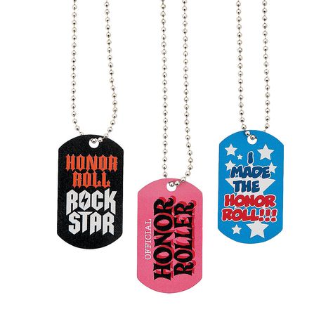 Honor Roll Dog Tag Necklaces. Celebrate their hard work! Honor Roll Dog Tag Necklaces are a fun handout in the classroom that kids will be proud to wear. Designs include: Honor Roll Rock Star, I made the honor roll! and Official honor roller. Each includes a 2 dog tag on a 23 silvertone chain. Metal.  © OTC Back To School Necklace, Rock N Roll Theme, Rock And Roll Theme, Rock Star Theme, Rose Gold Diamond Necklace, Floating Diamond Necklace, Booster Club, Birthday Theme Ideas, Christmas Gift Items