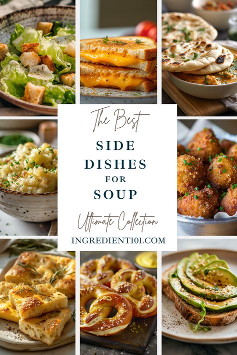 Find the best side dishes to cozy up on soup night! From refreshing summer salads to loaded corn salads and crusty bread, these simple and delicious recipes are perfect for serving alongside your favorite soup. Whether you're in the mood for creamy tomato soup, hearty vegetable soup, or Italian minestrone, these side dishes will complete your soup dinner. So go ahead and serve up the best soup and side dish combination for a wholesome and healthy dinner. Soup And Side Dishes, Side Dish Soups, Best Soup And Salad Combo, Sides With Soup Simple, Healthy Sides For Soup, Bread Sides For Soup, Side With Soup, What Goes With Soup As A Side, Side For Soup Dinners