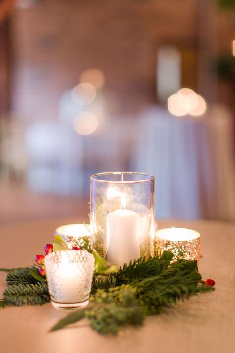 Cocktail table decor  - Evergreens and berries added to candle collection | White House Wedding Flowers | Photo by Ivey Gibb Photography Simple December Wedding Centerpieces, Winter Wedding Cocktail Hour Decor, Cocktail Table Centerpieces Christmas, Winter Cocktail Table Centerpiece, Cocktail Table Christmas Decor, Christmas Cocktail Table Centerpiece, Christmas Cocktail Table Decor, Winter Wedding Cocktail Hour, Wedding Cocktail Table Decor