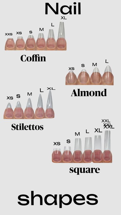 Nail Guide Shape, Form Of Nails, Different Type Of Nail Shape, Matt Almond Nails Designs, Shapes For Acrylic Nails, Shape Of Acrylic Nails, Type Of Nails Acrylic, Nail Sizes Shape Chart Short, Nail Shapes And Lengths Chart