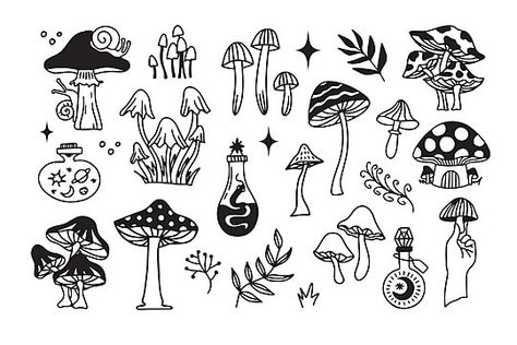 Astrology Doodles Simple, Mystical Doodles, Boho Objects, Witchy Line Art, Magic Mushroom Drawing, Celestial Doodles, Mushroom Black And White, Simple Illustration Art, Gothic Doodles