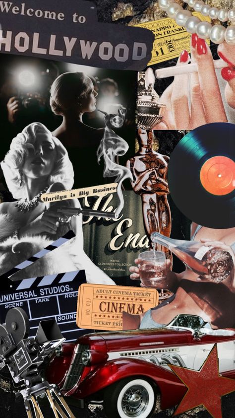 Hollywood Glamour Moodboard, Old Hollywood Glamour Wallpaper, Hollywood Wallpaper Aesthetic, Film Vintage Aesthetic, Fame And Fortune Aesthetic, Old Hollywood Yearbook Theme, Hollywood Vintage Aesthetic, Old Hollywood Mood Board, Old Hollywood Collage