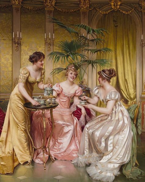 "Afternoon Tea" by French painter Frédéric Soulacroix, ca. 1900. In private collection Victorian Paintings, Arte Van Gogh, Regency Fashion, Three Women, John Singer Sargent, Women In Art, Regency Era, A4 Poster, Tea Art