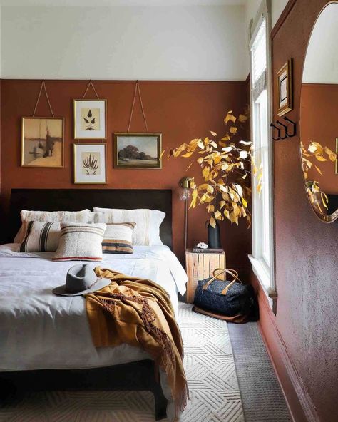 Paint Three Quarters Wall, Accent Wall Color Block, Small Painted Accent Wall, Block Color Wall, Bedroom Colour Blocking, Cognac Wall Color, Rust Accent Wall Bedroom, Painted Half Wall Bedroom, Two Tone Wall Ideas