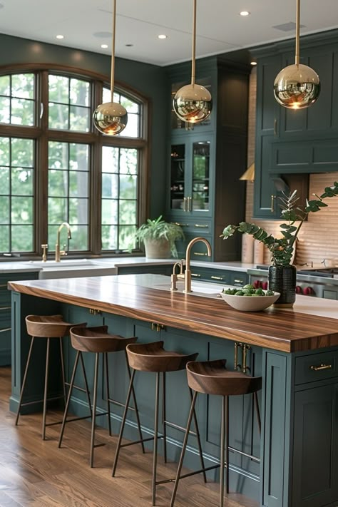 Dive into a world where color breathes life into the heart of your home with our green kitchen ideas. From the subtle elegance of sage to the depth of dark green, explore designs that harmonize farmhouse charm with cottage coziness and a touch of boho flair. Whether you're drawn to light green hues for a fresh, airy feel or richer tones for a more enveloping ambiance, find inspiration to create a kitchen that's both inviting and stylish. Wickes Chester Forest Green Kitchen, Green Cabinets With Bronze Hardware, Green Kitchen Wood Worktop, Dark Green Cabinets Butcher Block Countertops, Butcher Block Island Green Cabinets, Kitchen With Dark Green Countertops, Kitchen Boho Farmhouse, Modern Islands In Kitchen, Moody Kitchen Green Cabinets