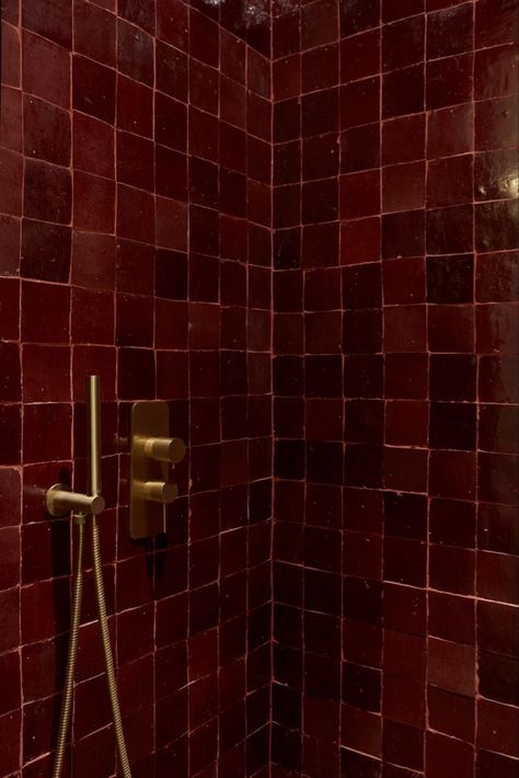 Tiles | Dark | Red | Brass accents Red Interior Aesthetic, Red Tile Bathroom, Red Tiles, Bathroom Red, Peel And Stick Tile, Future Apartment, Dream House Interior, Dream Apartment, Stick On Tiles