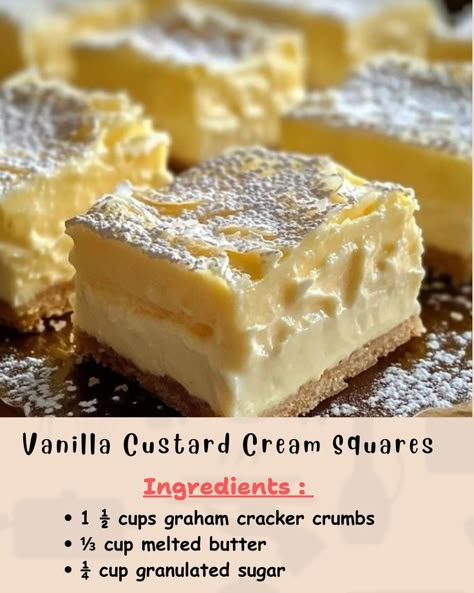 Ingredients: For the crust: 1 ½ cups graham cracker crumbs ⅓ cup melted butter ¼ cup granulated sugar... Custard Bars Desserts, Vanilla Custard Squares, Custard Squares Recipe, Vanilla Custard Cream Squares Recipe, Recipes With Graham Cracker Crumbs, Vanilla Custard Cream Squares, Graham Cracker Dessert Recipes, Custard Cream Squares, Easy Custard Recipe