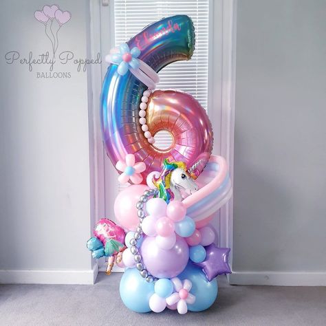 thecakebeautician #rusticcake #igcakes #pulla 6 Balloon Bouquet, Rainbow Unicorn Balloon Ideas, Unicorn Birthday Balloon Decorations, Unicorn Balloon Column, Balloon Stack Ideas, Number Stack Balloon, Unicorn Balloon Bouquet, Unicorn Birthday Balloons, Balloon Number Stacks