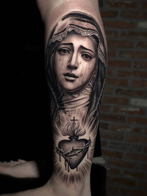 Tattoo uploaded by Kiljun | Virgin Mary in tears on the leg. | 976748 | Tattoodo Skull Face Tattoo, Christus Tattoo, Mother Mary Tattoos, Maria Tattoo, Virgin Mary Tattoo, Sacred Heart Tattoos, Catrina Tattoo, Mary Tattoo, Tattoo Inspiration Men