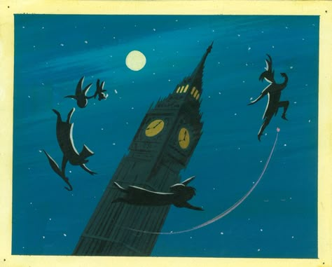 Mary Blair, Concept art of Peter and children silhouetted around Big Ben, ca. 1953; gouache; 6.75 x 8.38 in. (17.15 x 21.27 cm) Mary Blair Illustration, Mary Blair Art, Blair Art, Concept Art Disney, Concept Art Landscape, Peter Pan 1953, Second Star To The Right, Gif Disney, Mary Blair