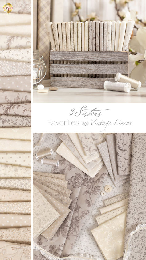 Coming Soon in July 2024! Indulge in timeless sophistication with the 3 Sisters Favorites - Vintage Linen fabric collection by Moda Fabrics. Inspired by the allure of vintage aesthetics, this collection is a celebration of classic elegance and neutral tones. The color palette of beige, cream, and neutral tones establishes a refined and versatile foundation for your quilting and sewing projects. Neutral Colored Quilt, Western Ootd, Beige Quilt, Colourful Palette, Quilting 101, Fabric Outlet, Clothes Material, 3 Sisters, Linen Collection