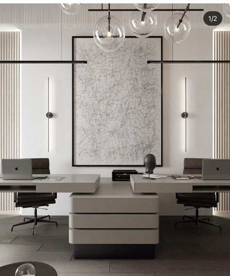 Simple Modern Office Design, Modern Small Office Design Interiors, Modern Home Office Lighting, 2 Offices In One Room, Multiple Desk Office Layout, White Office Interior Design, Office Design Aesthetic, Dream Office Luxury, Simple Office Design