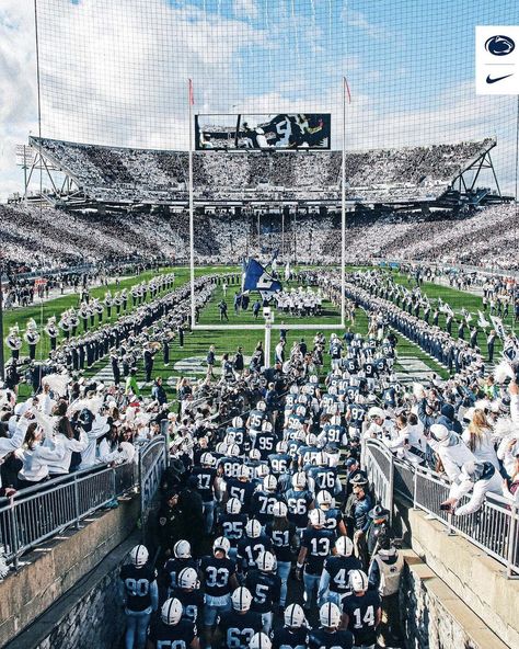 Panoramic view of Penn State home game with the band on the field and the team walking out of the tunnel Penn State Football Wallpaper, Penn State Aesthetic Wallpaper, Penn State Wallpaper, Drew Allar, Penn State Aesthetic, University Vision Board, American Football Art, Penn State College, We Are Penn State