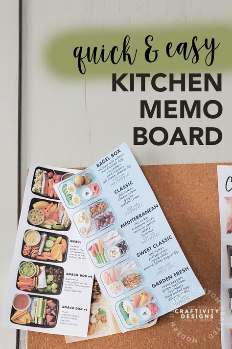 Make a quick and easy DIY kitchen memo board in minutes! This simple cork board for the kitchen will help you organize recipes, notes, and more! #kenarry #ideasforthehome Memo Board Diy, Kitchen Bulletin Board, Memo Board Ideas, Kitchen Memo Board, Organize Recipes, Glass Jars Kitchen, Homestead Projects, Mediterranean Snacks, Recipes Notes