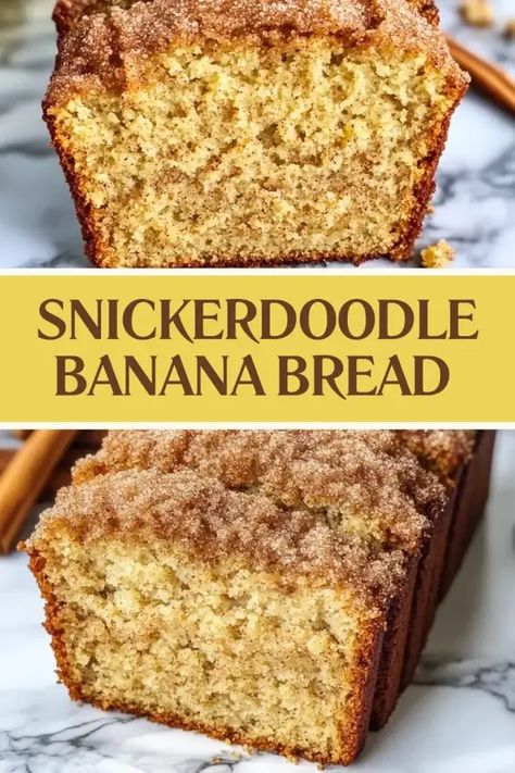 This Snickerdoodle Banana Bread recipe is a fun twist on a classic! With a soft, moist banana bread base and a crackly cinnamon-sugar topping, it's the perfect treat for any time of day. Whether you're making it for breakfast, a snack, or dessert, this recipe is easy to follow and uses simple ingredients you probably already have on hand. Try it today and share your delicious results with friends and family! #bananabread #snickerdoodlebananabread #easyrecipe What To Cook For Dinner, Snickerdoodle Bread, Moist Pumpkin Bread, Homemade Breads, Moist Banana Bread, Apple Bread, Num Num, Bread Recipes Sweet, Quick Bread Recipes