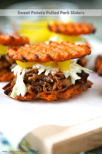 Sweet Potato Pulled Pork Sliders     http://www.laurenslatest.com/sweet-potato-pulled-pork-sliders/ Sweet Potato Pulled Pork, Sweet Potato Sliders, Pulled Pork Sliders, Sweet Potato Waffles, Pork Sliders, Recipe Roundup, Game Day Food, Sweet Potato Fries, Whole 30