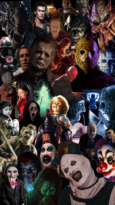 Movie Character Wallpaper, Wallpapers Cool, Movie Collage, Halloween Wallpaper Iphone Backgrounds, Horror Movies Funny, Halloween Wallpaper Backgrounds, Halloween Wallpaper Cute, Scary Movie Characters, Halloween Wallpapers