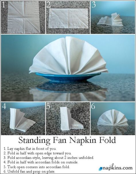 How to: Standing Fan Napkin Fold Fan Napkin Fold, Toilet Paper Folding, Table Napkin Folding, Diy Napkin Folding, Napkin Folding Tutorial, Hosting Hacks, Fancy Napkin Folding, Easy Napkin Folding, Napkin Folding Ideas