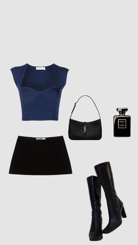 I love mini skirts and boots #ootd #outfitinspo #vibes #blue #beauty #chanel #skirt Classy Mini Skirt Outfit, Ootd Mini Skirt, Black And Blue Outfit Aesthetic, Blue Club Outfit, Navy Mini Skirt Outfit, Short Black Skirt Outfit, Blue Mini Skirt Outfit, Mini Skirt And Boots Outfit, Outfit Idea Y2k