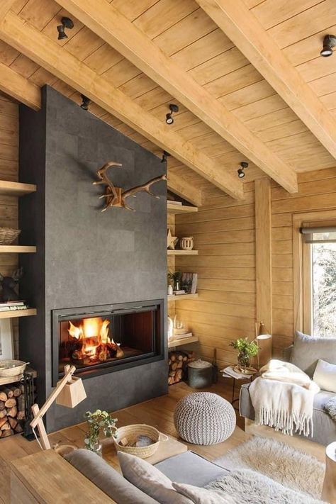 Spanish Mountains, Modern Cabin House, Design Camino, Cabin Living Room, Dream Cabin, Living Room Decor Rustic, Cabin Living, Rustic Cabin Decor, Modern Fireplace