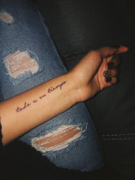 TATTOO IDEA // There’s a time for everything. // Todo a su tiempo #tattoosforwomen #tattooideas #todoasutiempo #tattooquotes #positive #tattoos Timing Tattoo For Women, Time Quotes Tattoo, Here For A Good Time Tattoo, Time Quote Tattoos, For You A Thousand Times Over Tattoo, Take Your Time Tattoo, Healing Quotes Tattoo, Time Heals Everything Tattoo, Only Time Will Tell Tattoo