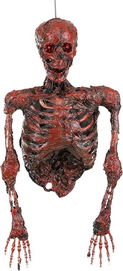 Amazon.com: Fun Costumes Hanging Red Half Skeleton Halloween Outdoor & Indoor Decoration, Light-Up LED Eyes Battery Operated Yard Display Decor : Home & Kitchen Eyes Halloween Decoration, Half Skeleton, Posable Skeleton, Horror Crafts, Horror Props, Eyes Halloween, Skull Wreath, Halloween Wood Crafts, Creepy Decor