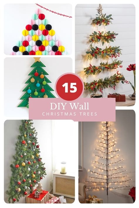 DIY Christmas Trees for Walls Flat Wall Christmas Tree Diy, Xmas Tree Wall Ideas, Diy Space Saving Christmas Tree, Flat Wall Christmas Tree Ideas, Lights In Shape Of Christmas Tree On Wall, Christmas Trees On The Wall, Walk Christmas Tree, No Space For Christmas Tree, Treeless Christmas Tree