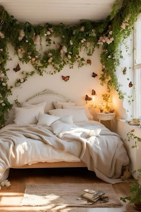 Fairy Like Room Decor, Fairy Tail Room Ideas, Bedroom Idea Women, Small Room Fairycore, Fairycore Home Aesthetic, Fairy Aesthetic Apartment, Fairytale Room Ideas, Adult Fairy Bedroom, Hanging Flowers Bedroom