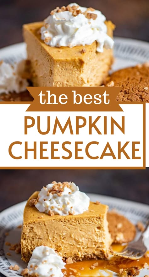 We’re sharing the BEST pumpkin cheesecake today! This baked cheesecake is thick and rich with real pumpkin and the perfect amount of pumpkin spice. Best Pumpkin Cheesecake Recipe, Cheesecake Factory Pumpkin Cheesecake, Best Pumpkin Cheesecake, Recipes Cheesecake, Gingersnap Crust, Pumpkin Cheesecake Recipes, Pumpkin Desserts, Pumpkin Recipes Dessert, Pumpkin Everything