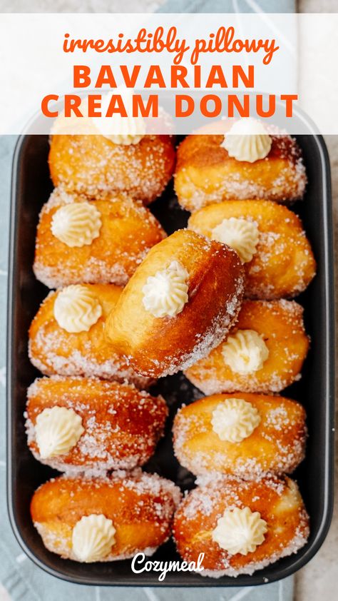 The Best Donut Recipes, Bavarian Cream Dessert, Bavarian Cream Donut, Bavarian Cream Donut Recipe, Berliner Recipe, Chocolate Donut Holes, Cream Donut Recipe, Best Donut Recipe, Cream Filled Donuts