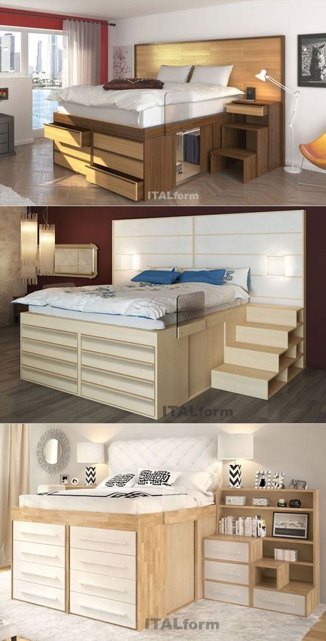 Diy Storage Bed, Space Saving Furniture Bedroom, Space Saving Bedroom, Diy Furniture Cheap, Space Saving Beds, Storage Beds, Bed Frame Design, High Beds, Loft Beds