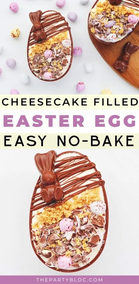 Easter Egg Cheesecake Ideas, Egg Cheesecake Easter, Chocolate Egg Cheesecake, Easter Themed Cheesecake, Easter Egg Cheesecake Cake Recipes, Easter No Bake Cheesecake, Biscoff Easter Egg Cheesecake, Easter Egg Dessert Ideas, Cheesecake Filled Easter Eggs