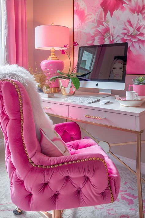 Pink Office Furniture, Bright Office Decor, Pink Office Aesthetic, Hot Pink Office, Pink Office Ideas, Office Feminine, Pink Home Office, Pink Office Decor, Girly Office