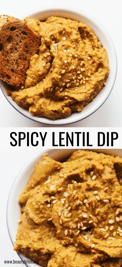 Spicy lentil dip - healthy and easy snack recipe you can make with leftover lentils, or if you don't have lentils - use beans! Works also! This lentil recipe is vegan and gluten-free. Lentil Bean Dip, Gourmet Dips Recipes, Leftover Lentil Recipes, Canned Lentil Recipes Easy, Lentil Appetizer, Lentil Snacks, Leftover Lentils, Lentil Dip Recipe, Lentil Dip