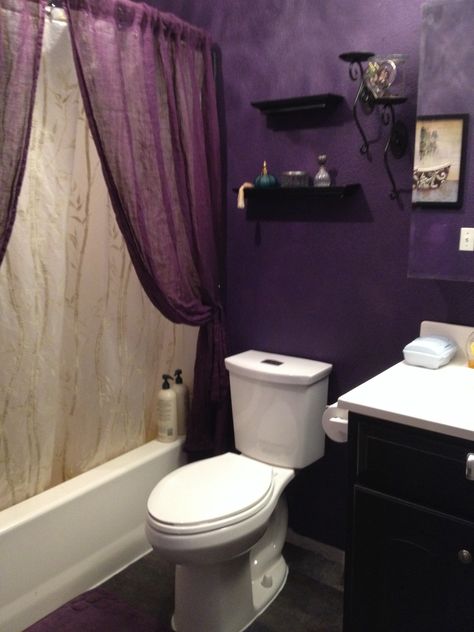 Purple Rain bathroom remodel Small Purple Bathroom Ideas, Purple Bathroom Aesthetic, Purple Bathroom Ideas Decor, Black And Purple Bathroom, Dark Purple Bathroom Ideas, Purple And Black Bathroom Ideas, Bathroom Purple, Whimsy Goth Bathroom, Dark Purple Bathroom Walls