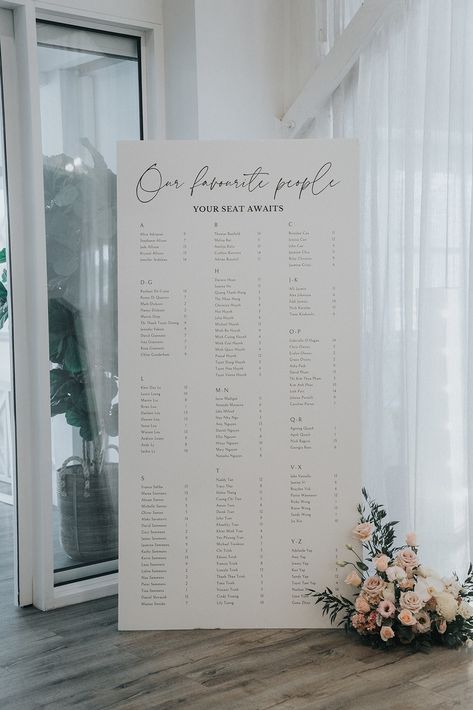 A seating chart for your favourite people! Photography 📸 Silas Chau Seating Chart Wedding Ideas For 300 People, Our Favourite People Seating Chart, Simple Seating Chart Wedding Ideas, Find Your Seat Wedding Ideas, Welcoming Board, Bramleigh Estate, Wedding Table Centrepieces, Wedding Decor Reception, Floral Centrepieces