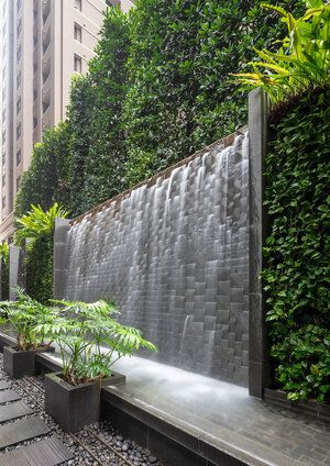 Vertical Slice Garden — Landworks Studio, Inc. Modern Water Feature, Water Wall Fountain, Water Fountain Design, Outdoor Wall Fountains, Water Feature Wall, Garden Waterfall, Vertical Garden Wall, Fountain Design, Waterfall Wall