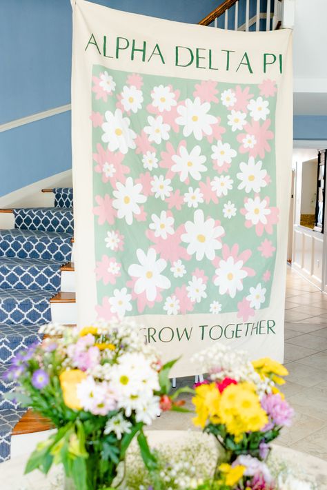 Grass Is Greener Bid Day, Garden Party Banner, Sorority Banner Recruitment, Sisterhood Banner, Palooza Bid Day Theme, Floral Bid Day Theme, Philanthropy Banner, Floral Bid Day, In Full Bloom Bid Day