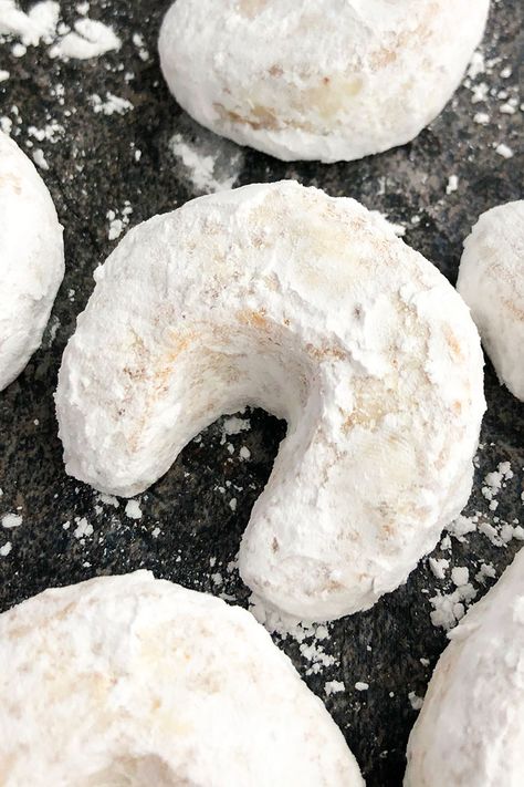 Almond Crescent Cookies (Vanillekipferl) Almond Crescent Cookies Recipes, Almond Crescents, Best Shortbread, Almond Crescent Cookies, Dark Chocolate Bark, Classic Old Fashioned, Butter Cookies Easy, Crescent Cookies, Moon Cookies