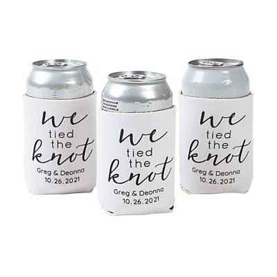 Personalized We Tied The Knot Can Coolers | Oriental Trading Dusty Blue And Yellow Wedding, Backyard Wedding Favors, Funny Wedding Signs, We Tied The Knot, Reception Favors, Wedding Reception Favors, We Eloped, Wedding Koozies, Cute Quote