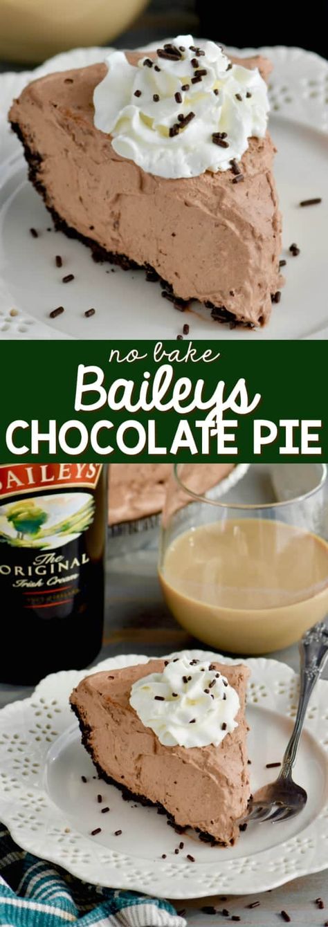 This No Bake Baileys Chocolate Pie is the perfect easy dessert . . . with booze! Baileys Chocolate Pie, Desserts Pie, Store Bought Pie Crust, Baileys Recipes, Tiramisu Dessert, Chocolate Pie Recipes, Boozy Desserts, Chocolate Pie, Easy No Bake Desserts