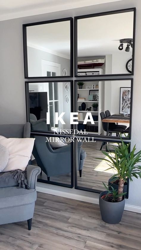 ➳ ENJOY LIFE EAT CAKE on Instagram: “IKEA MIRROR WALL - NISSEDAL 🖤 Ich liebe es! #mirrorwall #industrialdesign #ikeahack #nissedalikea #nissedalmirror #ikeadiy #diyhomedecor…” Apartment Living Room Design, Garden Aesthetic, Home Entrance Decor, Apartment Decor Inspiration, Ideas Garden, Decor Home Living Room, Living Room Decor Apartment, Living Room Ideas, Apartment Living Room