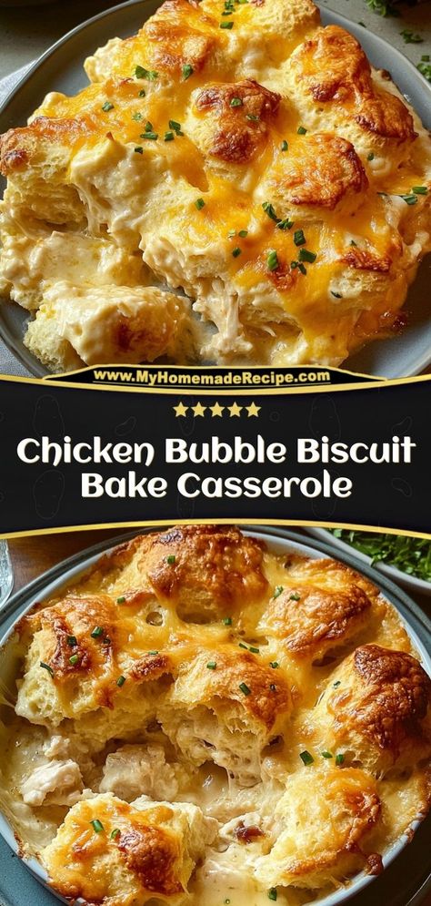 This chicken bubble biscuit bake is creamy, cheesy, and loaded with tender chicken and biscuits. A quick and comforting dinner! Ingredients: 1 can biscuit dough 2 cups cooked chicken, shredded 1 cup shredded cheese 1 cup cream of chicken soup Enjoy this easy chicken casserole, perfect for a hearty family meal Shredded Chicken Casserole, Grand Biscuit Recipes, Chicken Biscuit Casserole, Biscuit Recipes Dinner, Lunch Casserole, Easy Chicken Casserole, Best Chicken Casserole, Easy Comfort Food Dinners, Biscuits Casserole